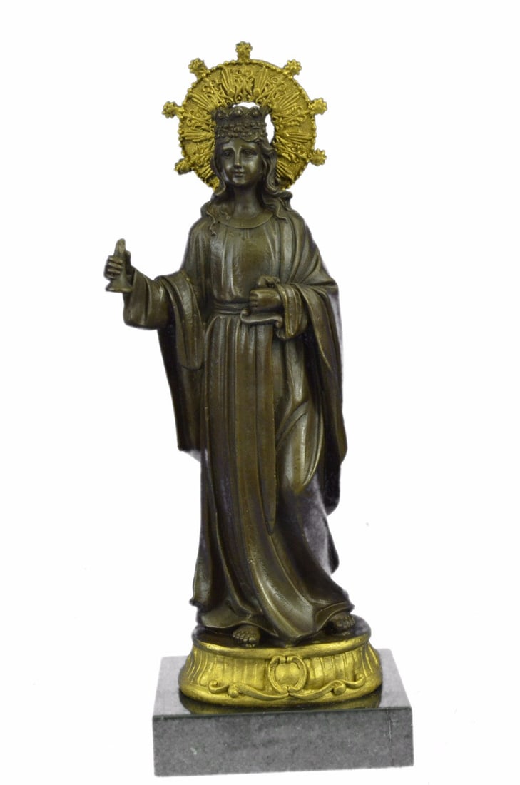Saint Barbara - Crown, Chalice, Sword, Tower Catholic Bronze Sculpture Figure: Condition: This sculpture is in perfect condition. Bronze Dimensions with Marble Base:Height 13" x Width 5" Marble Dimensions: 5" x 4". Height without base: 12" Weight : 8 LBS Inventory 91X24403819 Sa