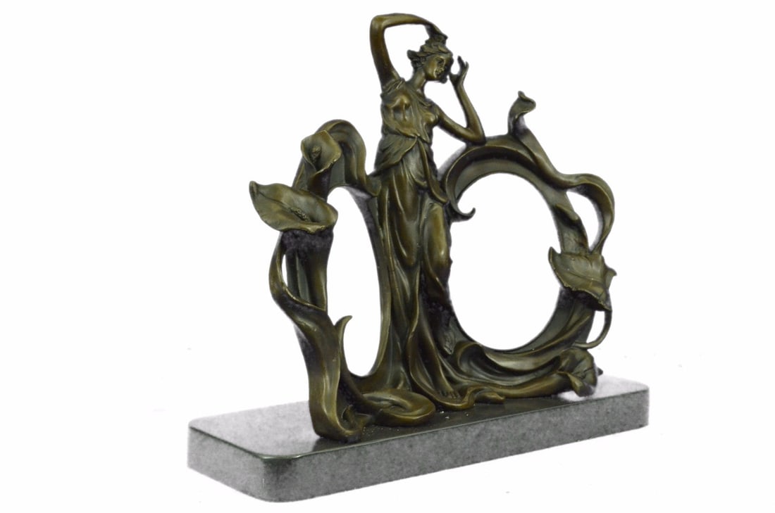 Art Nouveau Woman Floral Iris Moon Copper Metal Photo Picture Frame Hand Made: Condition: This sculpture is in perfect condition. Bronze Dimensions with Marble Base:Height 11" x Width 12" Marble Dimensions:12" X 4" Height without base: 10" Weight : 15 LBS Inventory : 43YRD133049