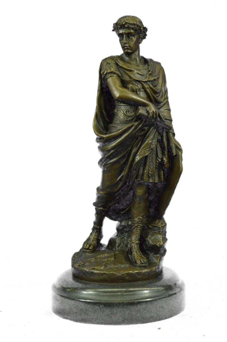 Handcrafted Detailed Julius Caesar Roman Emperor Made by Lost wax Method Bronze: Condition: This sculpture is in perfect condition. Bronze Dimensions with Marble Base:Height 10" x Width 5" Marble Dimensions: Diameter 5". Height without base: 9" Weight : 6 LBS Inventory 81YRD137544