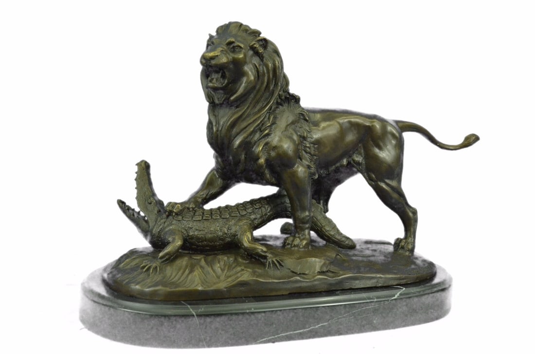 Bronze Sculpture Hand Made Hot Cast Detailed Lion Vs Reptile Marble Figure: Condition: This sculpture is in a O=perfect condition. Bronze Dimensions with Marble Base:Height 10" x Width 16" Marble Dimensions: 14" X 7 ". Height without base: 9 " Weight : 20 LBS Inventory : 7472