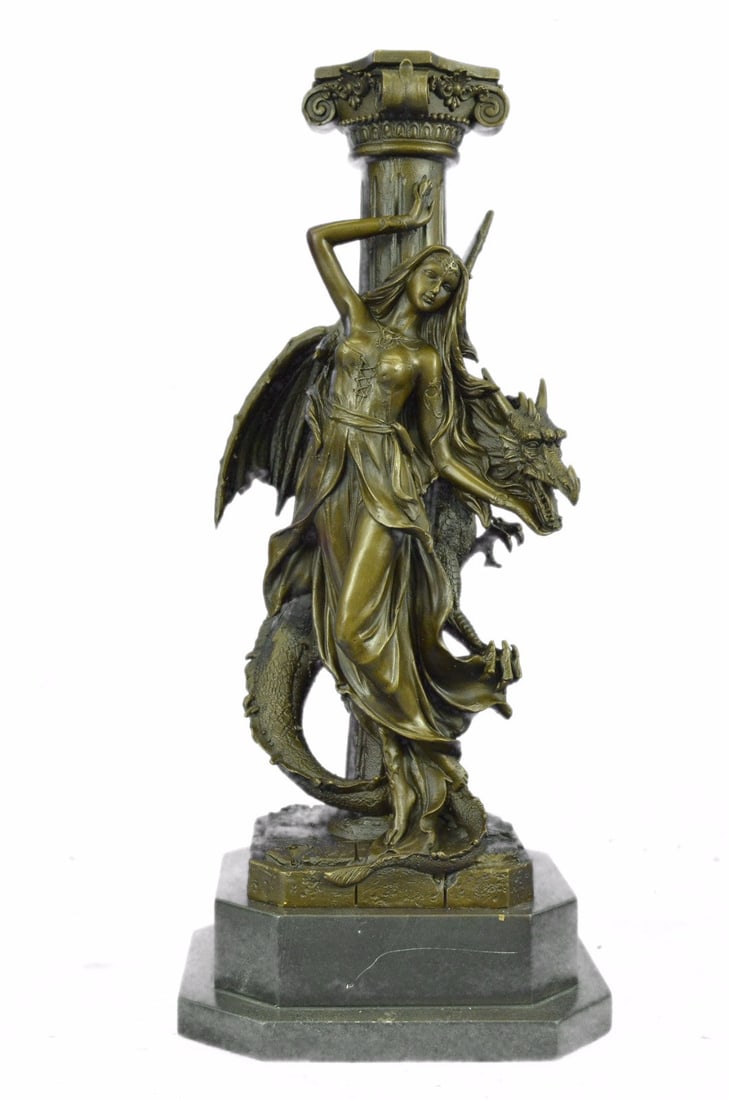 Mythology Signed Original French Artist Jean Patoue Lady and Dragon Bronze Statu: Condition: This sculpture is in perfect condition. Bronze Dimensions with Marble Base:Height 17" x Width 7.5" Marble Dimensions:7.5" X 6". Height without base: 15" Weight : 21 LBS Inventory; 49YRD1332