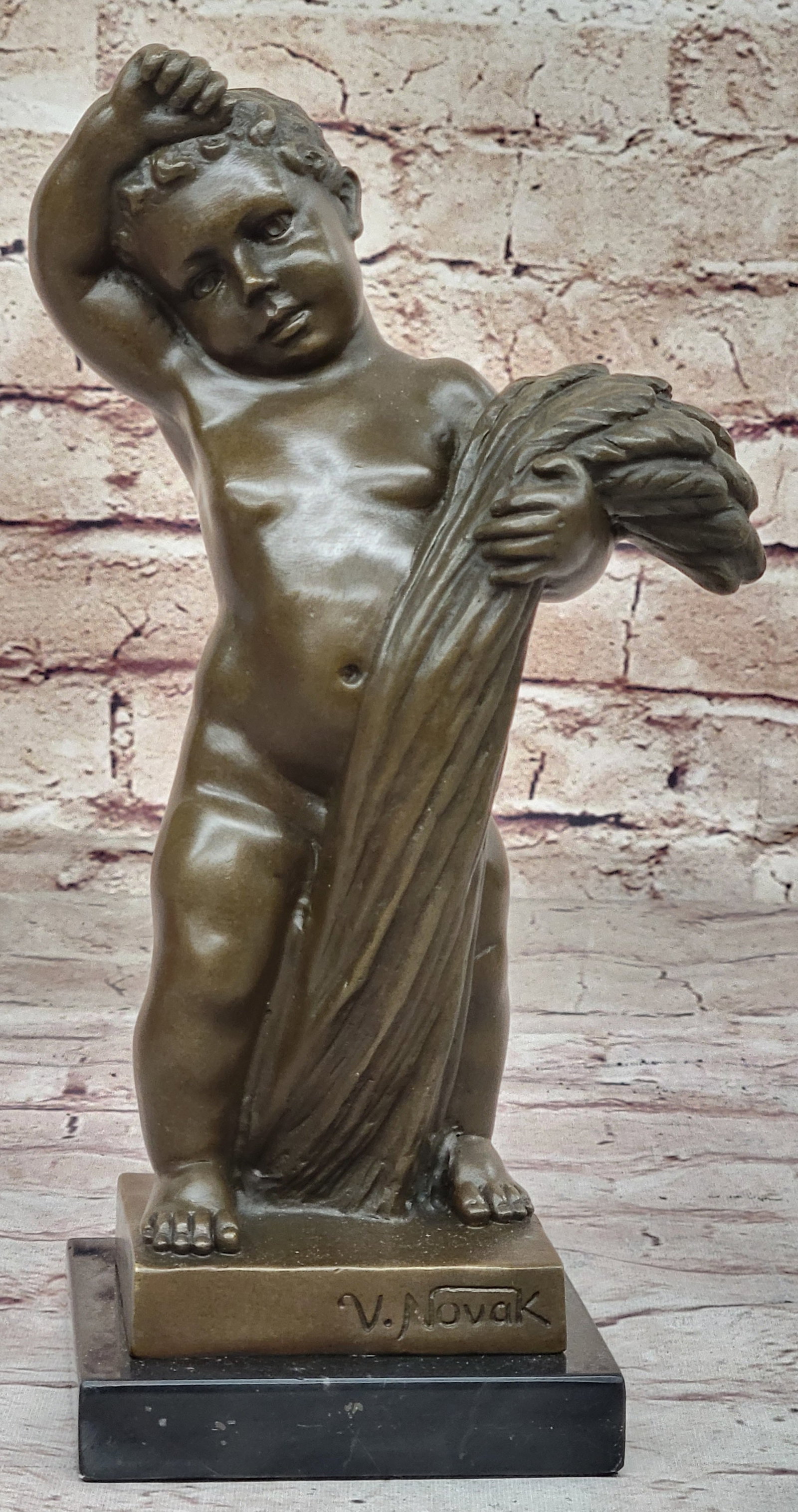 Handcrafted bronze sculpture SALE Baby Nude Deco Art: Condition: This sculpture is in perfect condition. Bronze Dimensions with Marble Base:Height 10" x Width 4" Marble Dimensions: 4" x 4". Height without base: 9" Weight : 6 LBS Inventory;1835B43781 Abso