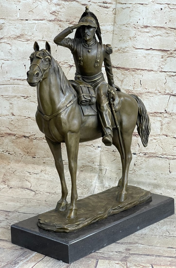 Bronze Sculpture French Cavalryman From Napoleon Army Riding Horse Detailed Stat: Condition: This sculpture is in perfect condition. Bronze Dimensions with Marble Base: Height 15" X Width 12" Marble Dimensions: 11" X 5" Height without base: 14" Weight : 17 LBS Inventory : 89STE3359