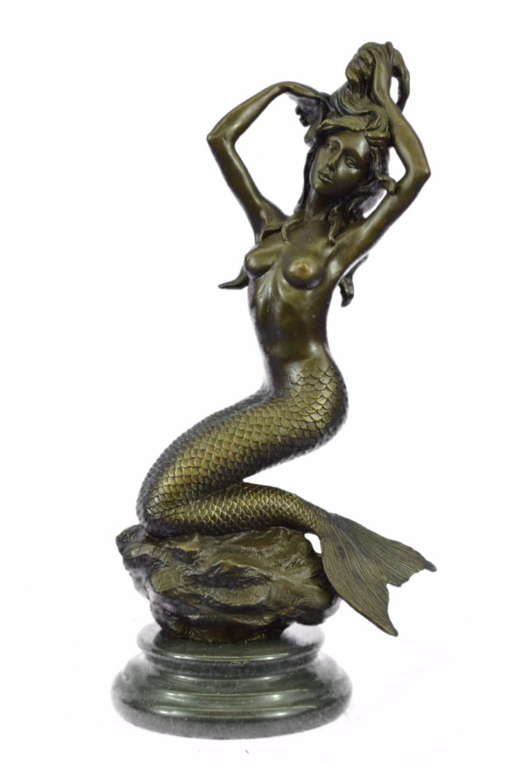 Handcrafted Museum Quality Work Nude Beautiful Mermaid Accent of Gold Patina: Condition: This sculpture is in perfect condition. Bronze Dimensions with Marble Base:Height 13 1/2" x Width 7" Marble Dimensions: Diameter 5". Height without base:11 1/2" Weight : 10 LBS Inventory:49