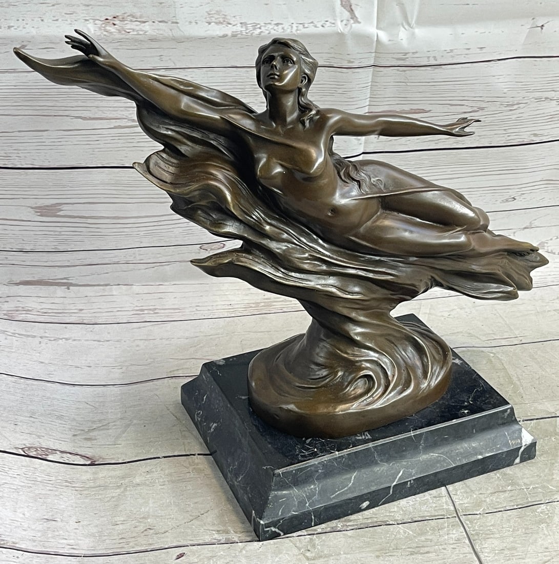 Handcrafted Detailed Nude Gorgeous Nymph Bronze Sculpture Marble Base Figurine: Condition: This sculpture is in perfect condition. Bronze Dimensions with Marble Base: Height 13 1/2" x Width 18" Marble Dimensions: 7" X 8 1/2" Height without base: 11 1/2 " Weight : 20 LBS Inventory