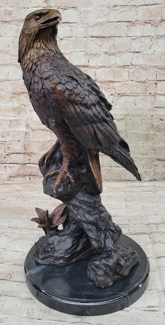 European Design Finery Eagle Flight Quality Lost Wax Bronze Statue Hand Made Art: Condition: This sculpture is in perfect condition Bronze Dimensions with Marble Base: Height?18" X Width 9" Marble Dimensions: Diameter 9" Height without base:?17" Weight :?22 LBS Inventory :20-58470M