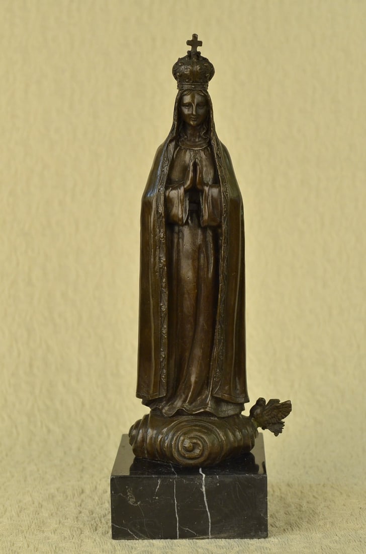 Virgin Mary Blessed Mother Metal Crown Religious Statuary Bronze Statue: Condition: This sculpture is in perfect condition. Bronze Dimensions with Marble Base:Height 15" x Width 5" Marble Dimensions: 5" x 5". Height without base: 13" Weight : 9 LBS Inventory 94X24444249 SA