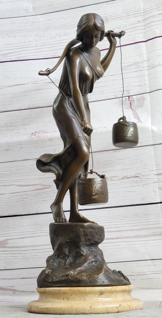 Mid Century French Bronze 16" Neoclassical sculpture of a maiden with Bucket NR: Condition: This sculpture is in perfect condition. Bronze Dimensions with Marble Base: Height 16" x Width 9" Marble Dimensions: Diameter 6" Height without base: 15" Weight :12 LBS Inventory : 25B25864