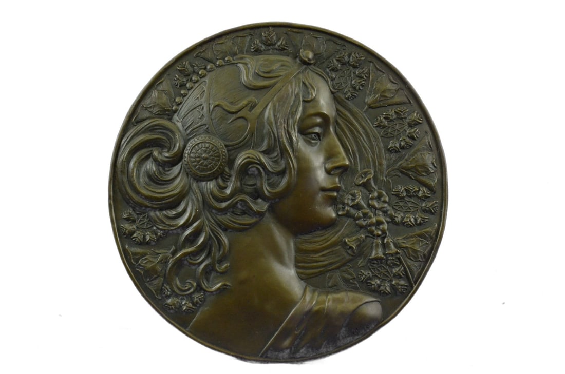 HAND CRAFT BRONZE BAS RELIEF WALL PANEL ORIGINAL STATUE SCULPTURE FIGURINE SALE: Condition: This sculpture is in perfect condition. Bronze Dimensions :Height 11 1/2" x Width 12" Weight : 5 LBS Inventory 45Y10124354 Sale@@ This beautiful wall piece depicts a the profile a young wom