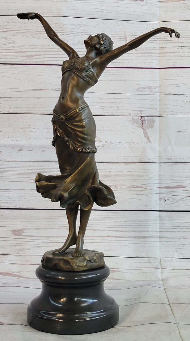 Art Nouveau Free As bird Dancer Bronze Sculpture With Green Marble Base Statue: Condition: This sculpture is in perfect condition Bronze Dimensions with Marble Base: Height 18" X Width 10" Marble Dimensions: Diameter 5" Height without base:15" Weight:15 LBS Inventory:18X21457681 