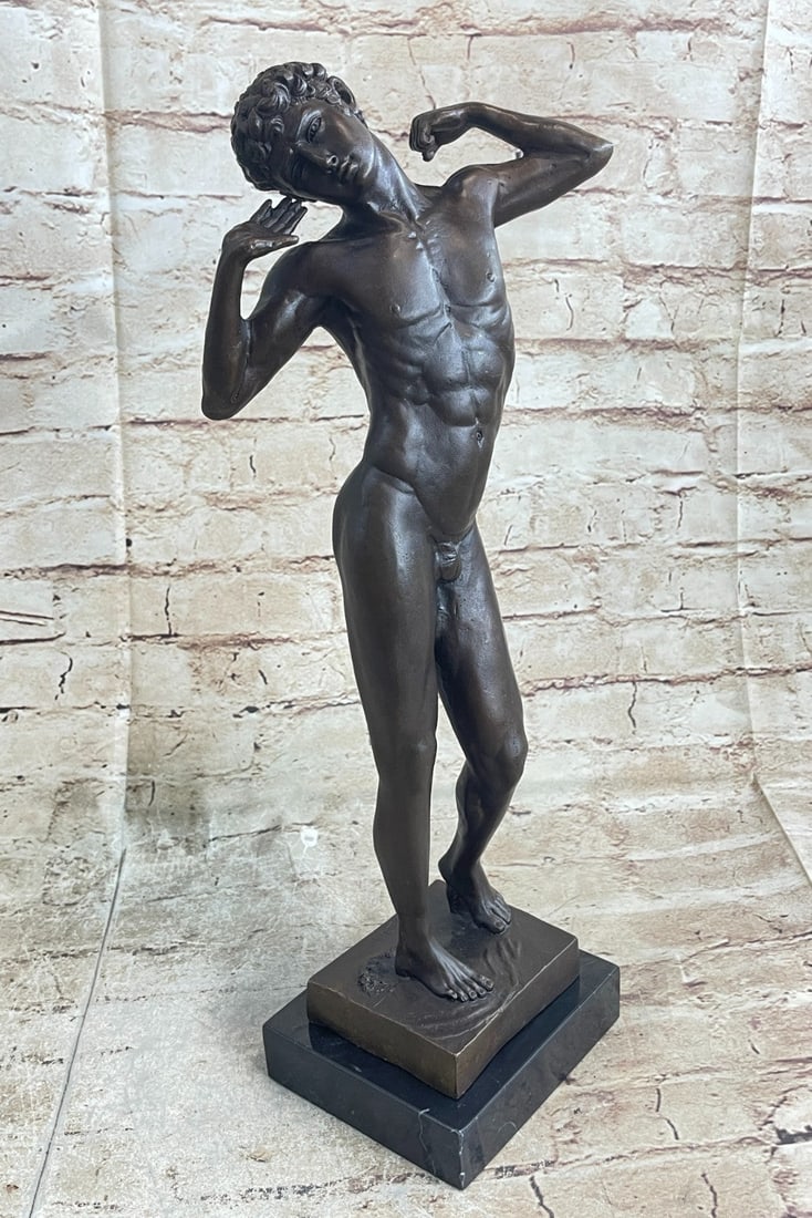 Handcrafted Nude Man Male Interest Erotic Bronze Sculpture Marble Figurine Rodin: Condition: This sculpture is in perfect condition. Bronze Dimensions 17" x Width 8" Weight : 10 LBS Inventory: 46X08274464 The nude man can be imagined stretching his arms among the morning sun stream