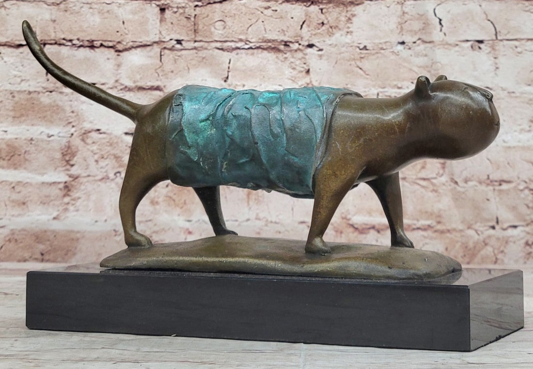 Botero Inspired Bronze Cat Sculpture with Exclusive Patina Finish Art: Condition: This sculpture is in perfect condition. Bronze Dimensions with Marble Base: Height 7" x Width 11" Marble Dimensions:9" X 4.5" Height without base 6" Weight:10 LBS Inventory:61AL4264916 This