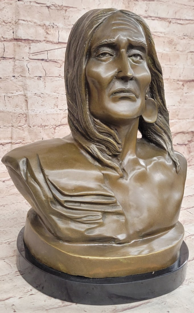 Authentic Milo Native American Chief Warrior Bronze Bust Sculpture Sale: Condition: This sculpture is in perfect condition Bronze Dimensions with Marble Base: Height 13.5" X Width 10" Marble Dimensions: Diameter 9" Height without base:12.5" Weight:23 LBS Inventory:27STE110