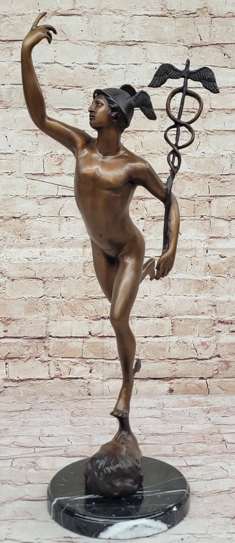 Hot Cast Hermes Giambologna Mercury Bronze Sculpture Artwork: Condition: This sculpture is in perfect condition Bronze Dimensions with Marble Base: Height 23" X Width 13" Marble Dimensions: Diameter 7" Height without base:22" Weight:10 LBS Inventory:902551610809