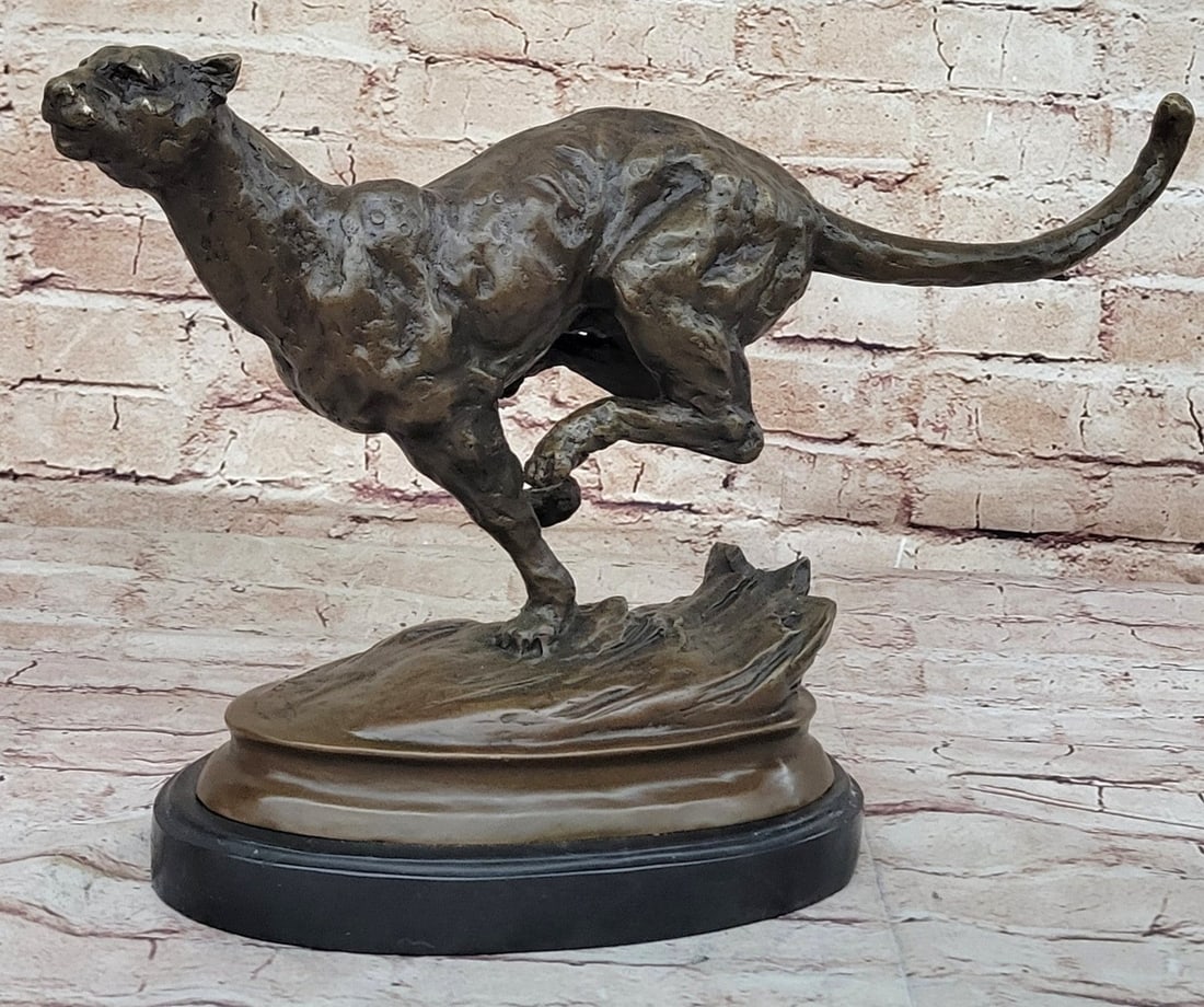 Classic Artwork: Milo's Signed Stalking Puma Bronze Sculpture on Marble Base: Condition: This sculpture is in perfect condition. Bronze Dimensions with Marble Base: Height 10" X Width 16" Marble Dimensions: Diameter 9" Height without base: 9" Weight:11 LBS Inventory:18AL0781158