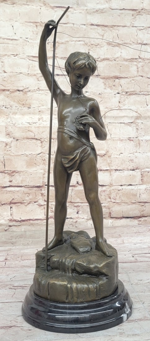 Museum Quality Fishing Boy Bronze Statue - A.Bofill Handcrafted Art: Condition: This sculpture is in perfect condition. Bronze Dimensions with Marble Base: Height 15" X Width 6" Marble Dimensions: Diameter 6" Height without base:14" Weight:9 LBS Inventory:68EP3437486 D