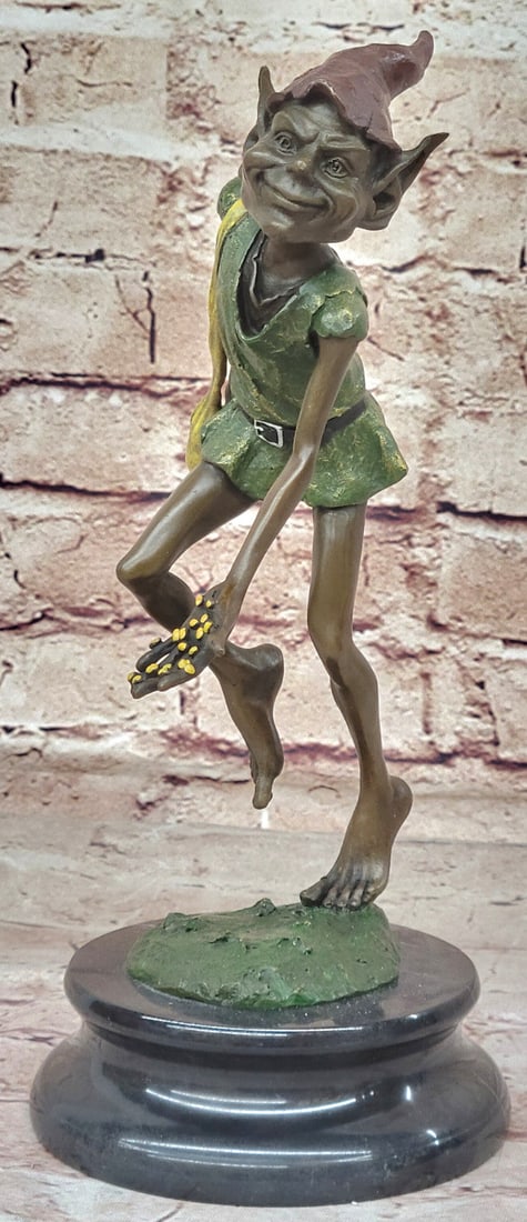 Hot Cast Original: Juno`s Colorful Patina Leprechaun Bronze Statue Figure: Condition: This sculpture is in perfect condition. Bronze Dimensions with Marble Base: Height 11" X Width 6" Marble Dimensions: Diameter 4.5" Height without base:10" Weight:6 LBS Inventory:67EP845MC50