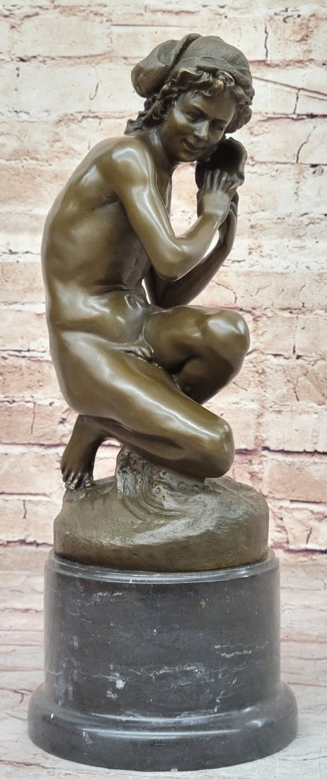 Carpeaux's Hot Cast Bronze Sculpture - Neapolitan Fisher for Fine Art Decor: Condition: This sculpture is in perfect condition. Bronze Dimensions with Marble Base: Height 16" X Width 6" Marble Dimensions: Diameter 6" Height without base:12" Weight:20 LBS Inventory:62EP08710526