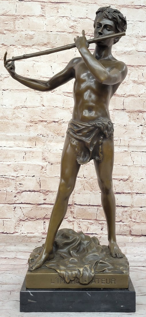 Hot Cast Bronze: Extra Large Pan with Flute Mythical Figurine Figure Art: Condition: This sculpture is in perfect condition. Bronze Dimensions with Marble Base: Height 22.5" X Width 10" Marble Dimensions:8" X 7" Height without base:21" Weight:27 LBS Inventory:23EP06718432 T