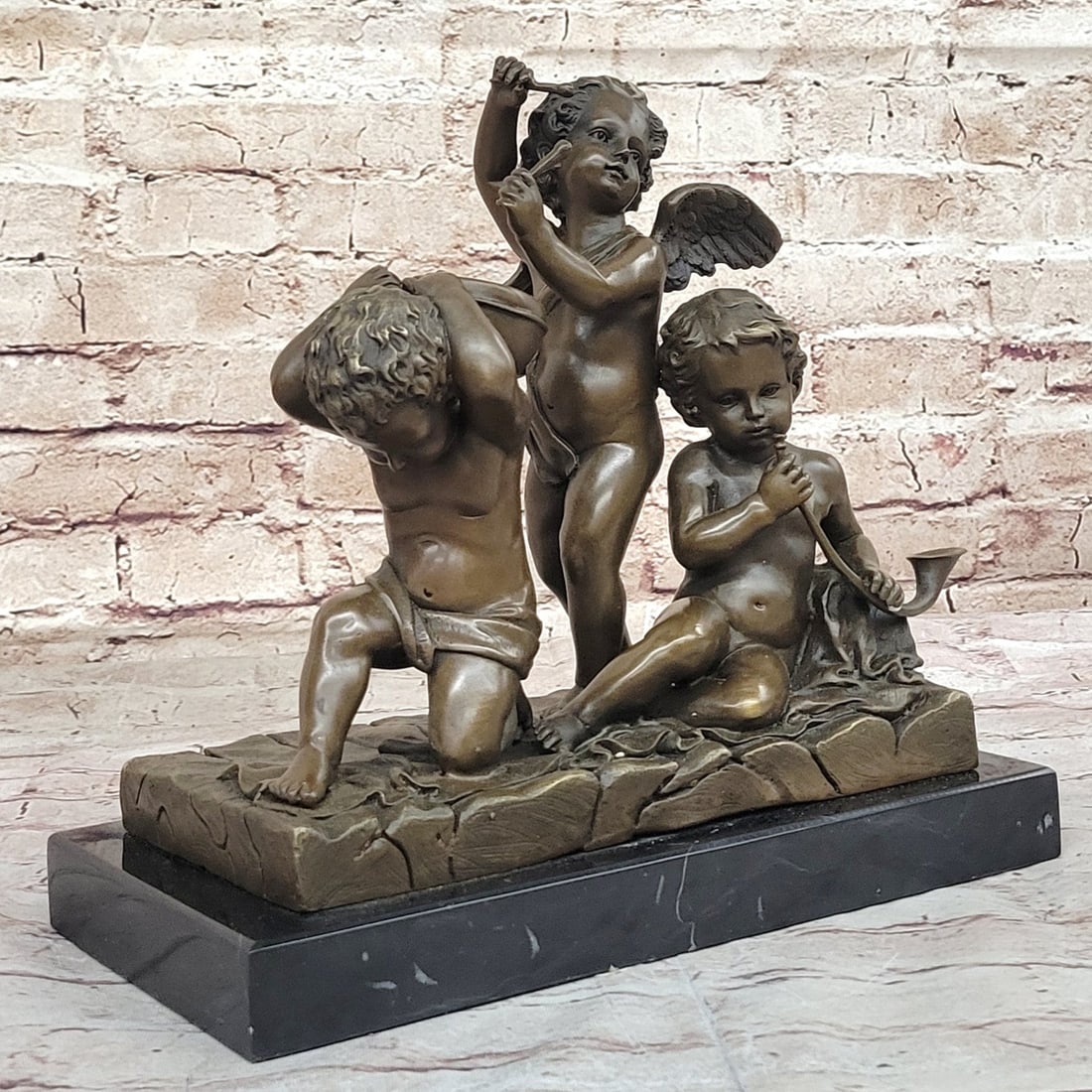 Mario's Cherub Symphony: Hot Cast Bronze Sculpture - Fine Art Figurine: Condition: This sculpture is in perfect condition. Bronze Dimensions with Marble Base: Height 11" x Width 11" Marble Dimensions:11" X 5.5" Height without base:10" Weight:18 LBS Inventory:83EP61214438 