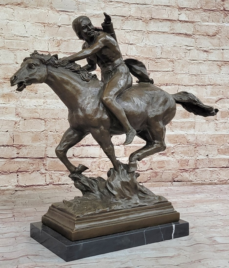 Collectible Masterpiece: Mario Nick`s Bronze Indian Hunter with Horse & Axe: Condition: This sculpture is in perfect condition. Bronze Dimensions with Marble Base: Height 20" X Width 22.5" Marble Dimensions:12" X 7" Height without base:19" Weight:43 LBS Inventory:62EP14432326 