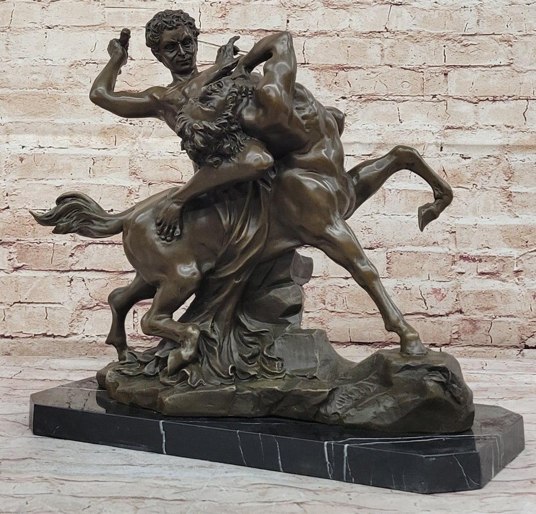 Antique Reproduction Beauty: Barye's Theseus and the Centaur - Solid Bronze Figurine: Condition: This sculpture is in perfect condition Bronze Dimensions with Marble Base: Height 17" X Width 18" Marble Dimensions:18" X 8" Height without base:16" Weight:54 LBS Inventory:27EP11531972 Thi
