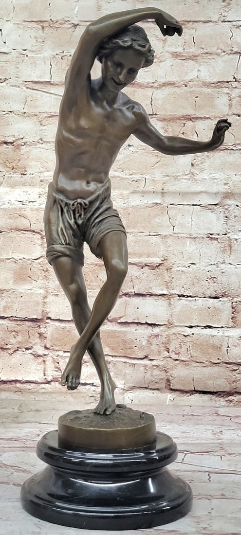 Timeless Masterpiece: Duret`s "Neapolitan Dancer" Bronze Figurine - Artistic Decor: Condition: This sculpture is in perfect condition. Bronze Dimensions with Marble Base: Height 16" X Width 6" Marble Dimensions: Diameter 6" Height without base:14" Weight:9 LBS Inventory:69EP6087096 T