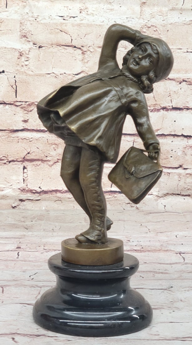 Signed Chiparus Bronze Sculpture: Girl Going to School Hot Cast Figurine: Condition: This sculpture is in perfect condition. Bronze Dimensions with Marble Base: Height 9" X Width 5" Marble Dimensions: Diameter 4" Height without base:7" Weight:5 LBS Inventory:28EP3505582 Thi