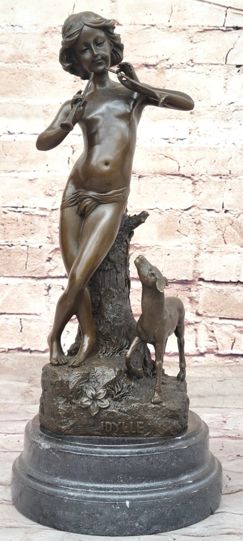 Joaquin Angles Idylle Bronze Sculpture: Boy and Lamb Playing Flute, Fine Artwork: Condition: This sculpture is in perfect condition. Bronze Dimensions with Marble Base: Height 14.5" X Width 6" Marble Dimensions :Diameter 6" Height without base:12.5" Weight:13 LBS Inventory:62EP6068