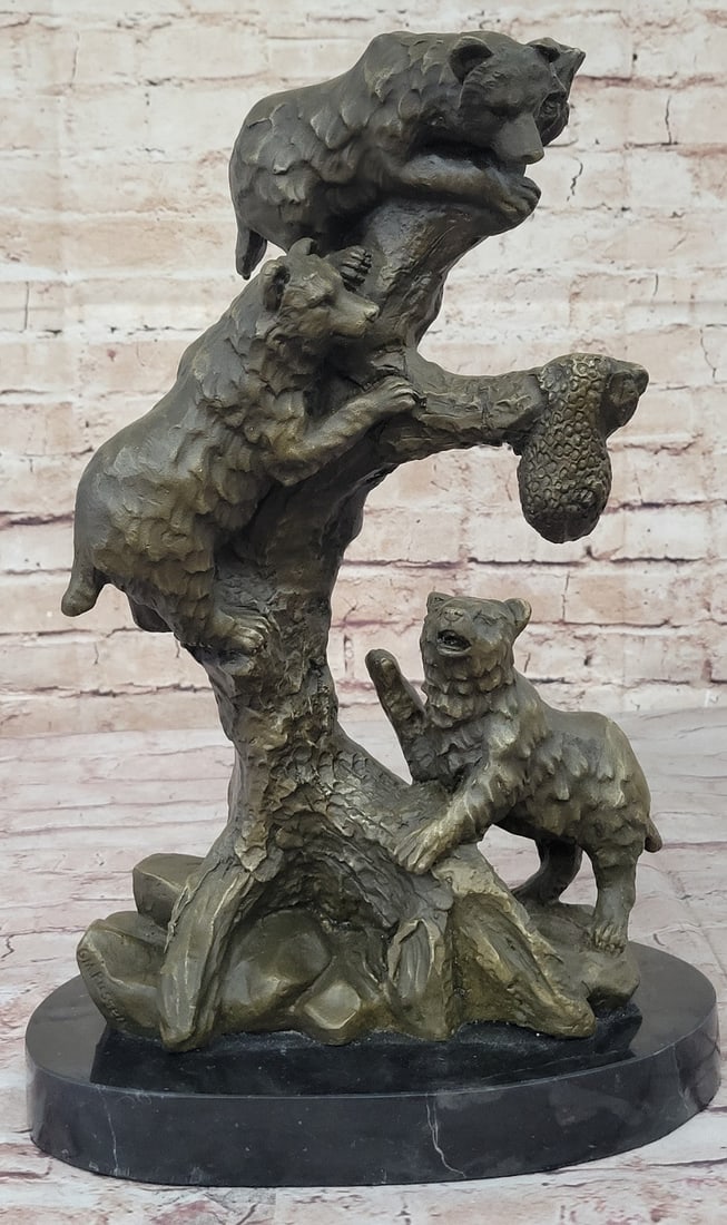 Wildlife Art Sculpture: Handcrafted Bear Family Bronze by Charles Russell for Home Decor: Condition: This sculpture is in perfect condition. Bronze Dimensions with Marble Base: Height 15" X Width 10" Marble Dimensions: Diameter 10" Height without base:14" Weight:18 LBS Inventory:24X2136110