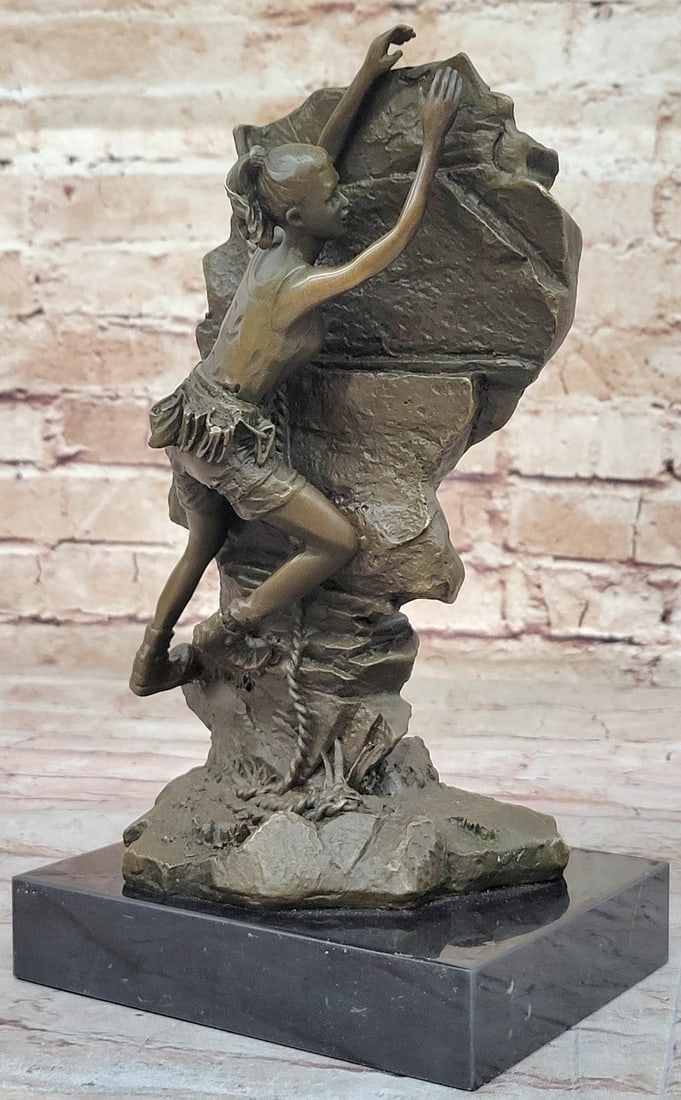 Extreme Sport Girl Rock Climbing Bronze Statue: M. Nick Signed Artwork Gift: Condition: This sculpture is in perfect condition. Bronze Dimensions with Marble Base: Height 10.5" X Width 6" Marble Dimensions:6" X 5" Height without base:9.5" Weight:10 LBS Inventory:17EP7896171 Th
