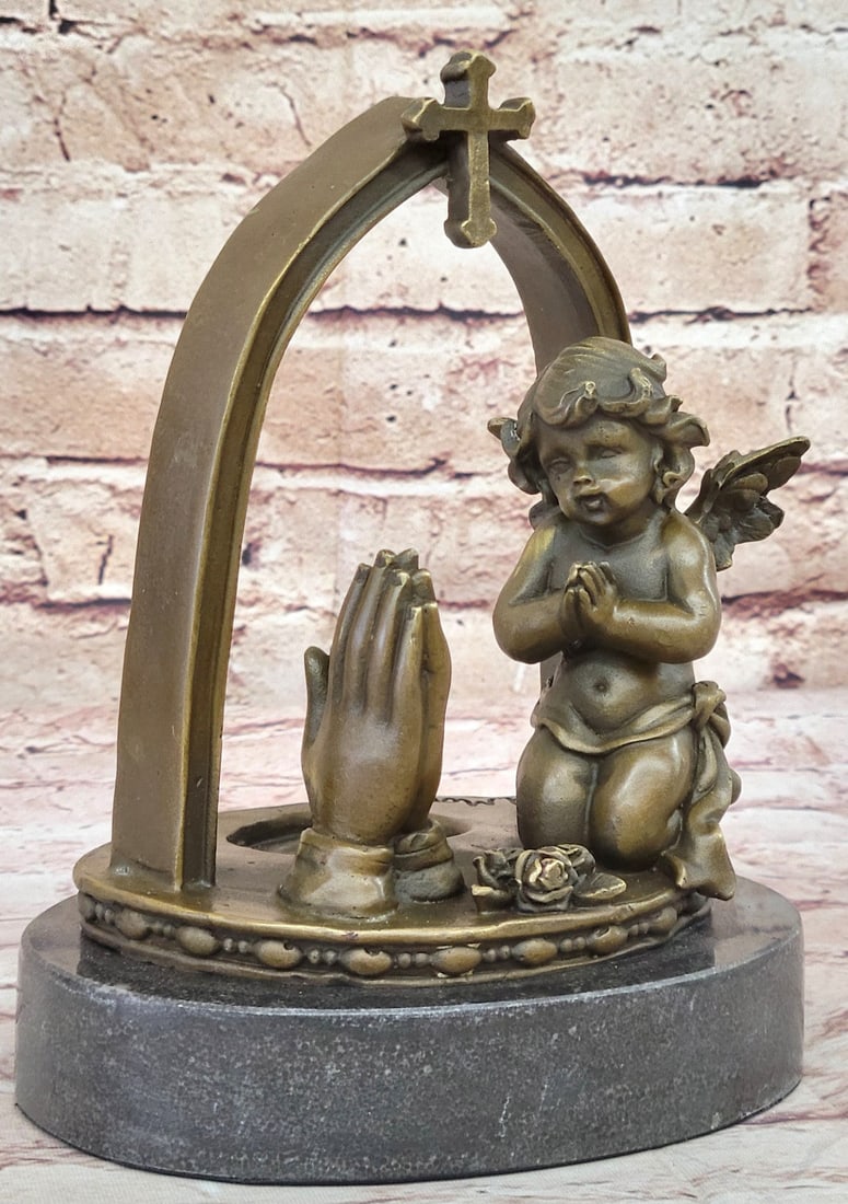 Putti Angel Praying Bronze Sculpture by A. Moreau: Handmade Fine Art Gift: Condition: This sculpture is in perfect condition Bronze Dimensions with Marble Base: Height 8" X Width 6" Marble Dimensions: Diameter 6" Height without base:7" Weight:7 LBS Inventory:49YRD1273X3794 T