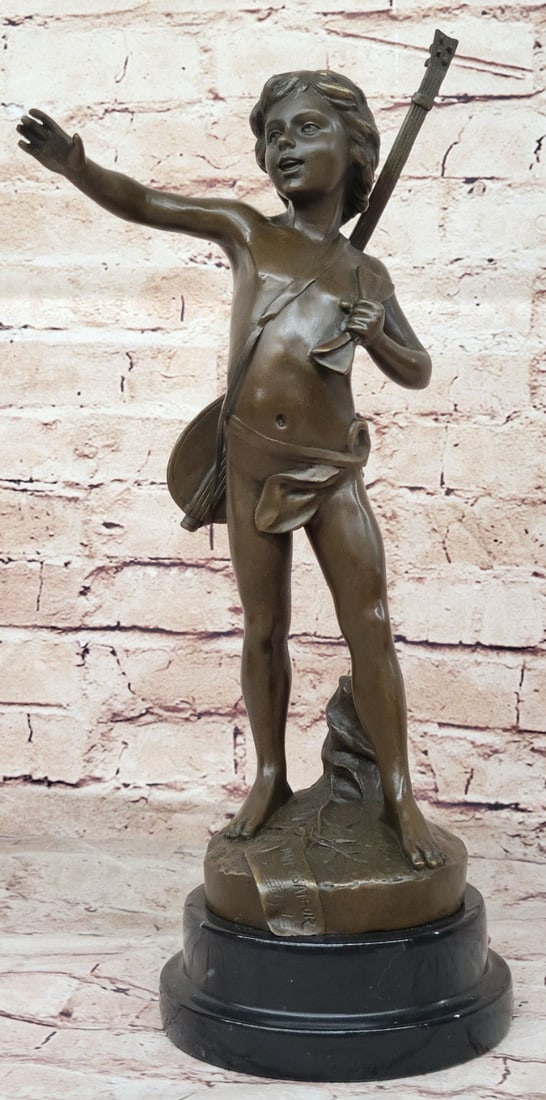 Handmade Bronze Statue by Moreau: Young Boy with Lute Banjo, Museum Quality: Condition: This sculpture is in perfect condition Bronze Dimensions with Marble Base: Height 16" X Width 8.5" Marble Dimensions: Diameter 5.5" Height without base:14" Weight:11 LBS Inventory:83EP34281