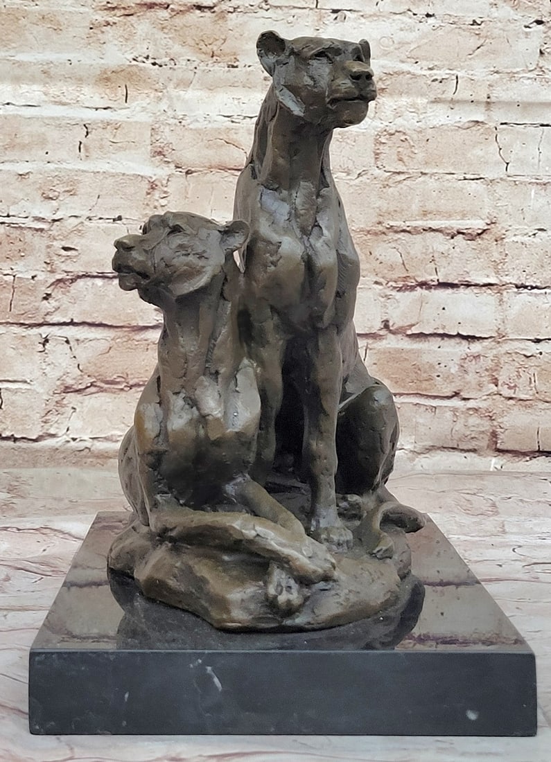 Milo's Hot Cast Bronze Statue: Two Panthers, Modern Wildlife Art Decor Figure: Condition: This sculpture is in perfect condition. Bronze Dimensions with Marble Base: Height 11" X Width 12" Marble Dimensions:11" X 7.5" Height without base:10" Weight;22 LBS Inventory:37AL18512273 