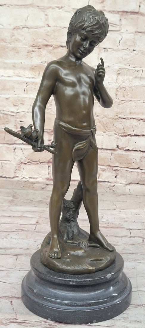 Lost Wax Handcrafted Artwork: Pan Boy with Bird, Genuine Bronze Statue for Home Decor (1 of 6)