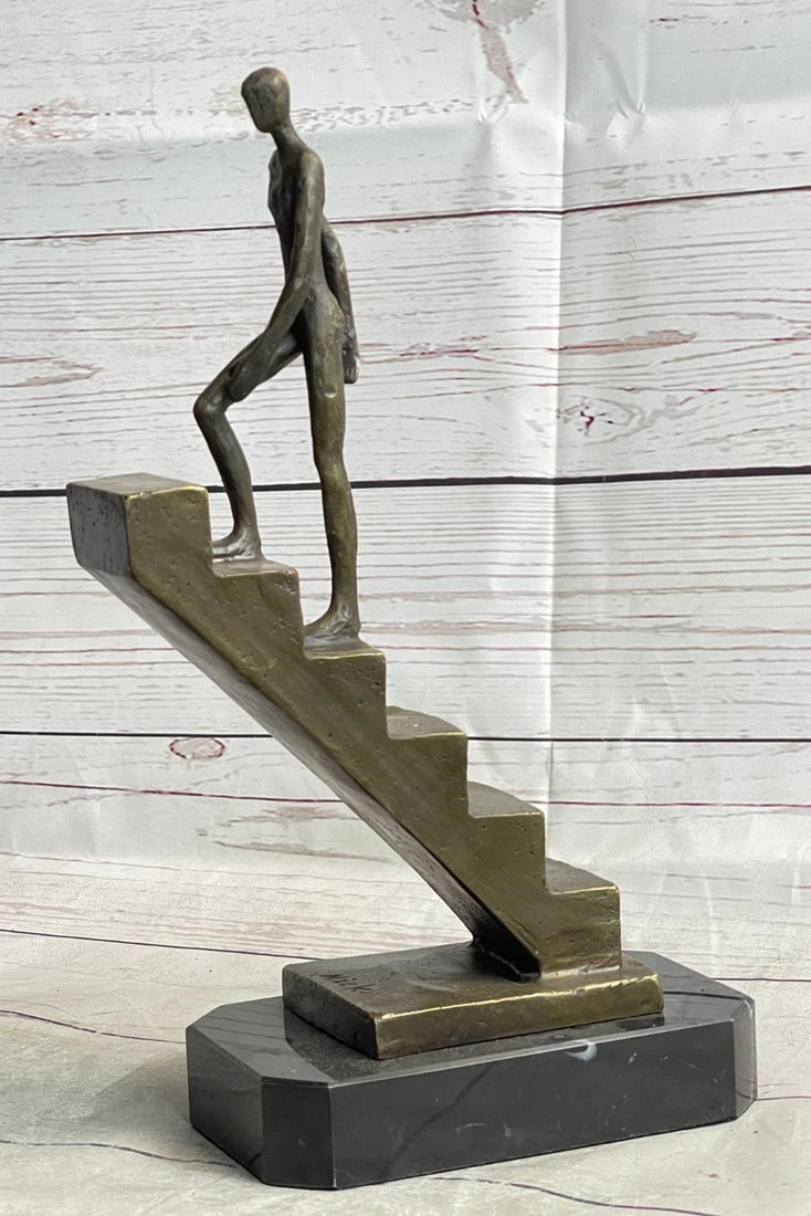 Signed Nick Mid-Century Stair Climbing Bronze Statue: Handcrafted Home Office Decor: Condition: This sculpture is in perfect condition. Bronze Dimensions with Marble Base: Height 12" X Width 8.5" Marble Dimensions:6" X 3.5" Height without base:11" Weight:7 LBS Inventory:72YCN1544927 E