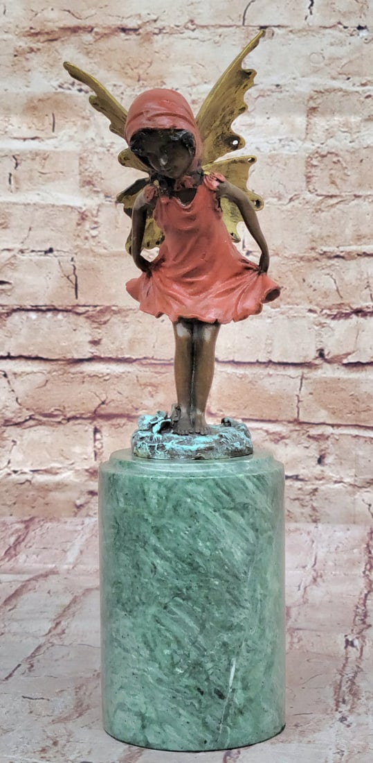 Mythical Statue: Handcrafted Multi-Color Patina Angel Fairy Bronze Sculpture by Milo: Condition: This sculpture is in perfect condition. Bronze Dimensions with Marble Base: Height 12" X Width 5" Marble Dimensions: Diameter 3" Height without base:7" Weight:6 LBS Inventory:67EP721C3976 I