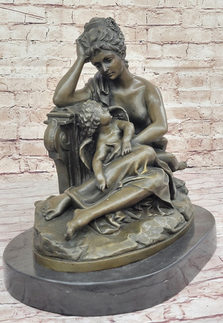 Collector's Edition Mother and Child Bronze Sculpture Handcrafted by Belleuse: Condition: This sculpture is in perfect condition. Bronze Dimensions with Marble Base: Height 15" x Width 14.5" Marble Dimensions: Diameter 14.5" Height without base:14" Weight:39 LBS Inventory:32EP40