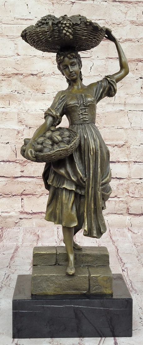 Collectible Art Nouveau Sculpture: Maiden With Fruit Basket by Cesaro Sale: Condition: This sculpture is in perfect condition Bronze Dimensions with Marble Base: Height 15.5" X Width 6" Marble Dimensions:6" X 4" Height without base:14"" Weight:15 LBS Inventory:71EPA2438017 Ha