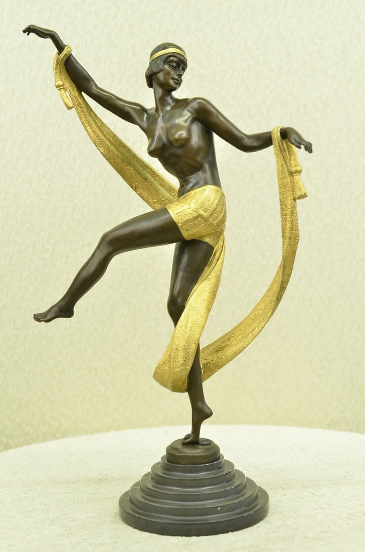 Rozet Ribbon Dancer Sculpture: 100% Real Genuine Art Nouveau Gilt Bronze Sale: Condition: This sculpture is in perfect condition. Bronze Dimensions with Marble Base: Height 21" X Width 14" Marble Dimensions: Diameter 6" Height without base:18" Weight:15 LBS Inventory:49EP209J157