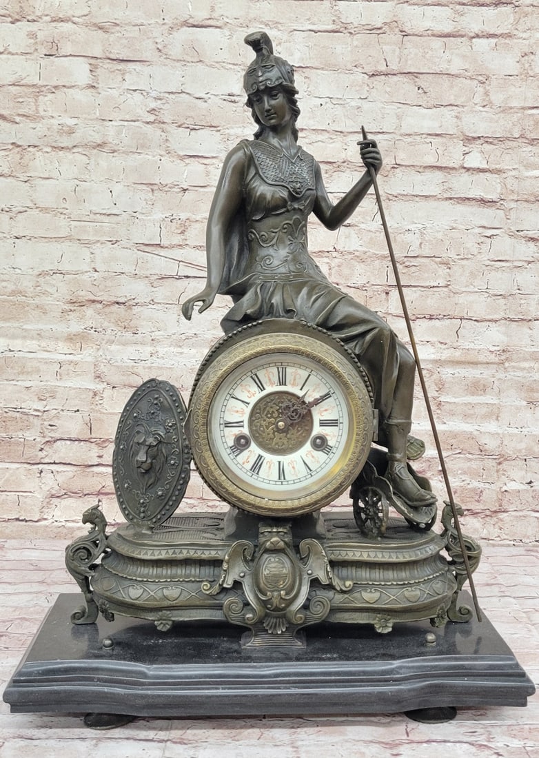Athena Mantle Clock Sculpture: Extra Large Bronze Artwork for Home and Office Decoration: Condition: This sculpture is in perfect condition. Bronze Dimensions :Height 28" X Width 18" Marble Dimention:18" X 8" Weight:48 LBS Inventory:18YZB00727581 This extraordinary sculpture captures the e