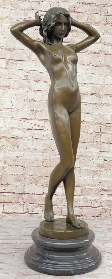 Massive Carlo Pittaluga Nude Nymph Bronze Artwork Hot Cast Figurine Classic Art Decor: Condition: This sculpture is in perfect condition. Bronze Dimensions with Marble Base: Height 30" X Width 11" Marble Dimensions: Diameter 9" Height without base:27" Weight:37 LBS Inventory:24EP4031784