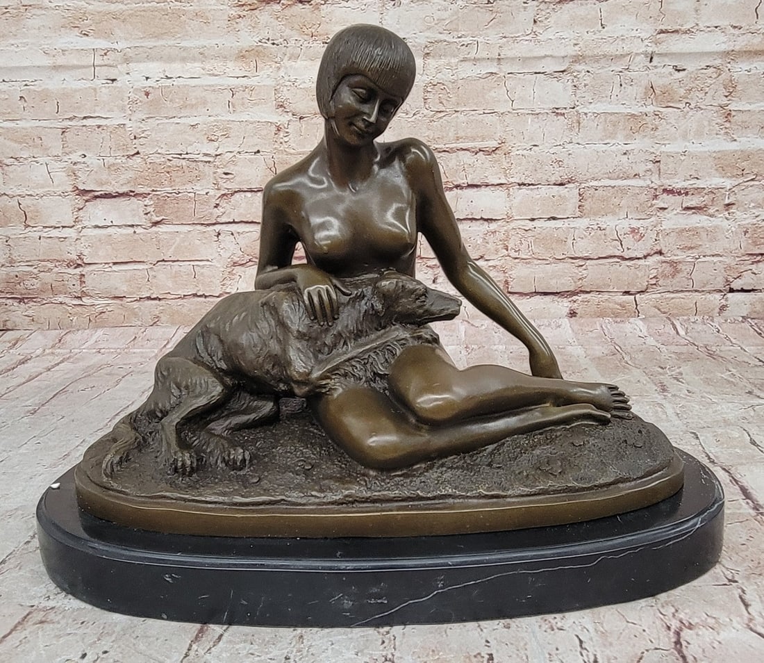 Armand Godard Nude Lady & Borzoi Dog Sculpture: Fine Art Museum Quality: Condition: This sculpture is in perfect condition. Bronze Dimensions with Marble Base: Height 11" X Width 14.5" Marble Dimensions: Diameter 14.5" Height without base:10" Weight:23 LBS Inventory:54EP20