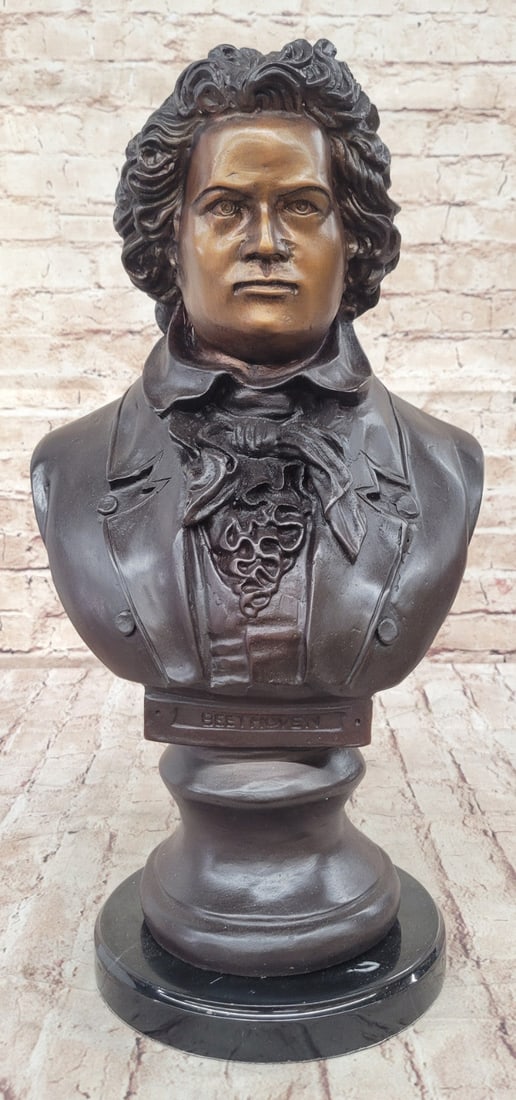Beethoven Bronze Bust: Limited Edition Music Lover Sculpture Signed by Thomas: Condition: This sculpture is in perfect condition. Bronze Dimensions with Marble Base: Height 18" X Width 79" Marble size: Diameter 7" Height without base:17" Weight:16 LBS Inventory:53280829535 This 