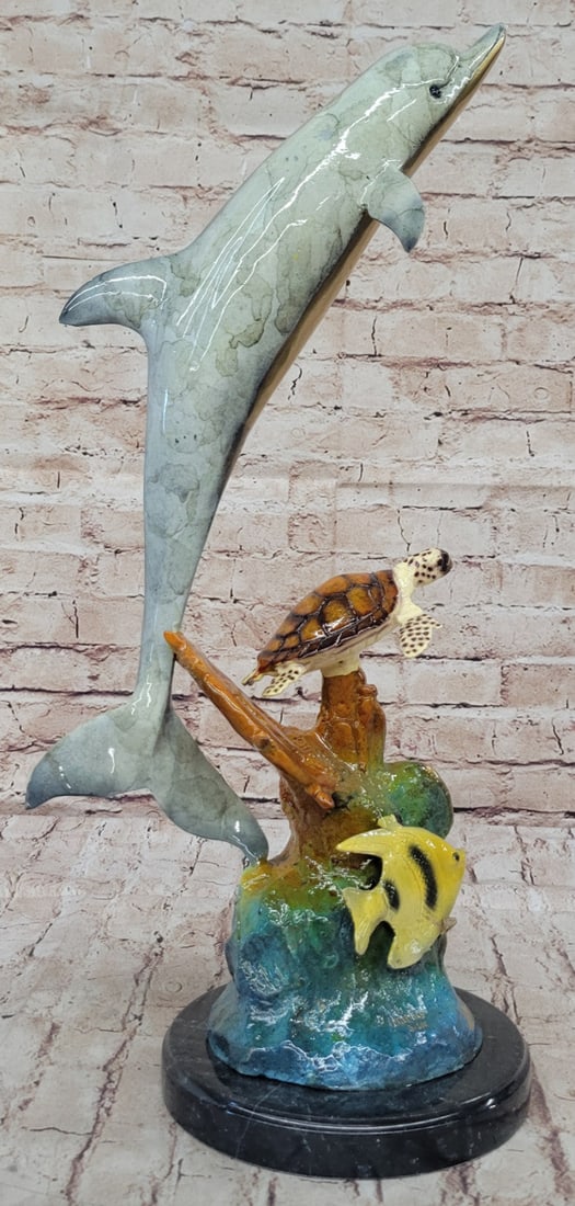 Museum Quality Bronze Dolphin Fish Turtle Sculpture: Limited Edition Sea Figurine: Condition: This sculpture is in perfect condition Bronze Dimensions with Marble Base: Height 20.5" X Width 17" Marble Dimensions: Diameter 7" Height without base:19.5" Weight:13 LBS Inventory:1658720N