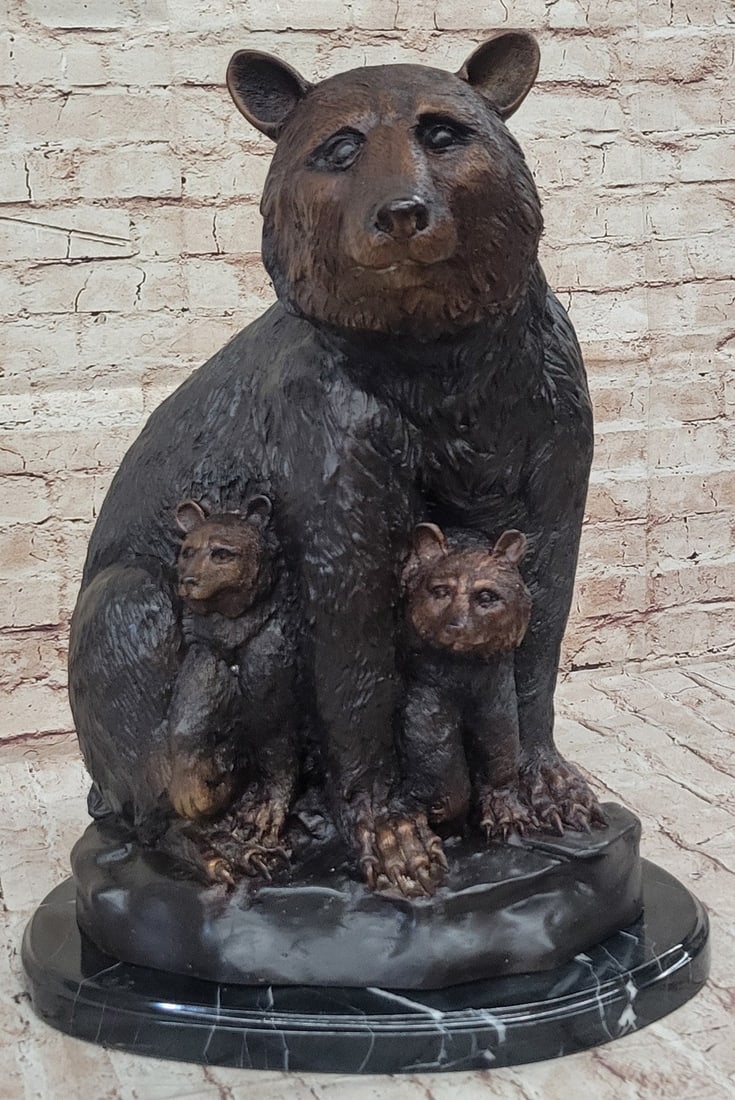 Handcrafted Bronze Bear Family Sculpture by Mogniez: Home Office Decor Figure: Condition: This sculpture is in perfect condition. Bronze Dimensions with Marble Base: Height 18.5 X Width 14.5" Marble Dimensions: Diameter 14.5" Height without base:17.5" Weight:35 LBS Inventory:248