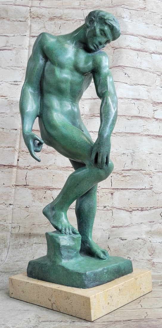 Nude Male Adam Bronze Statue by Rodin: French Artist Collectible Artwork: Condition: This sculpture is in perfect condition Bronze Dimensions with Marble Base: Height 18" X Width 9" Marble Dimensions:6 1/2" X 5 1/2" Height without base:17" Weight:17 LBS Inventory:29EP247989