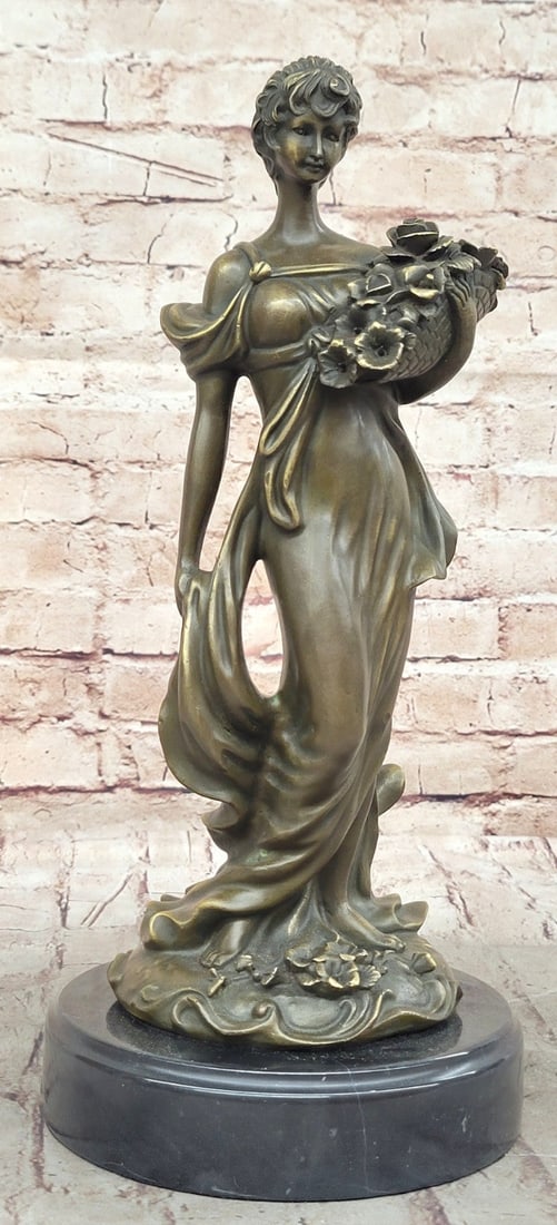 Detailed Vintage Bronze Sculpture of Woman with Flower Basket, Signed Original by M.Lopez: Condition: This sculpture is in perfect condition. Bronze Dimensions with Marble Base: Height 14.5" X Width 7" Marble Dimensions: Diameter 7" Height without base:13" Weight:12 LBS Inventory:84YRM08858