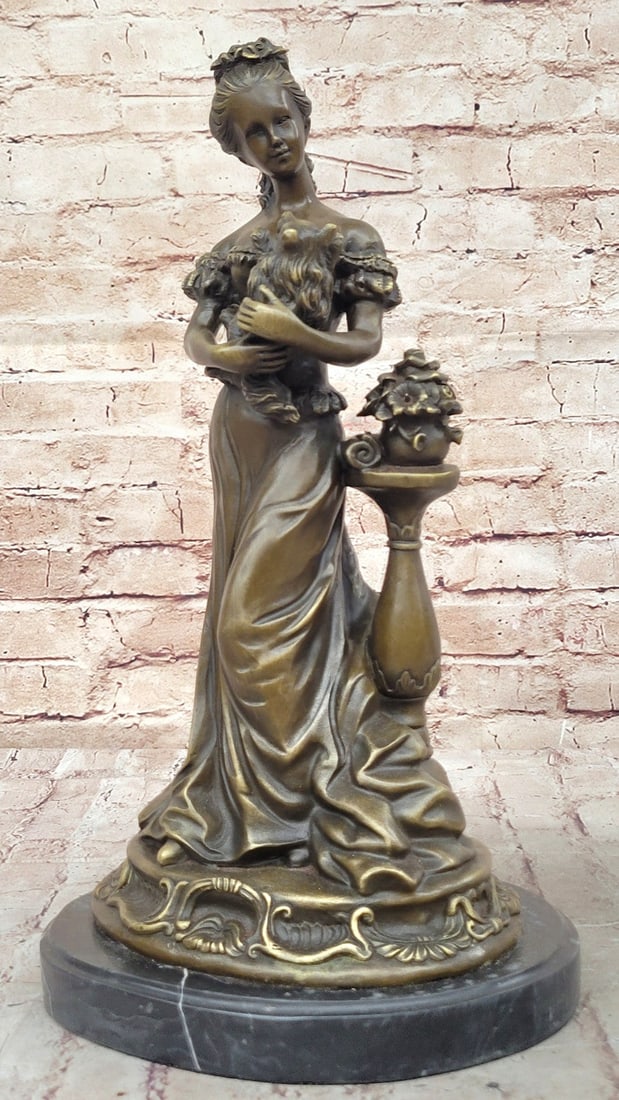 Elegant Bronze Sculpture of Victorian Lady with Dog, Handcrafted by Milo, Hot Cast: Condition: This sculpture is in perfect condition. Bronze Dimensions with Marble Base: Height 16" X Width 8.5" Marble Dimensions: Diameter 8.5" Height without base:15" Weight:15 LBS Inventory:14YRM057