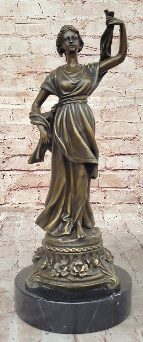 Sexy Bronze Statue of Maiden Woman, Miguel Lopez Signed Original Art Deco Sculpture: Condition: This sculpture is in perfect condition Bronze Dimensions with Marble Base: Height 16" X Width 6.5" Marble Dimensions: Diameter 6.5" Height without base:14.5" Weight:12 LBS Inventory:71YRM01